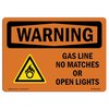 Signmission OSHA Sign, 10" H, 14" W, Rigid Plastic, Gas Line No Matches Or Open Lights With Symbol, Landscape OS-WS-P-1014-L-12153
